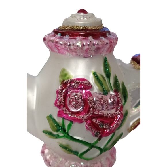 Old World Christmas Glass Ornament Pink White Teapot Rose Glitter - Picture 5 of 5